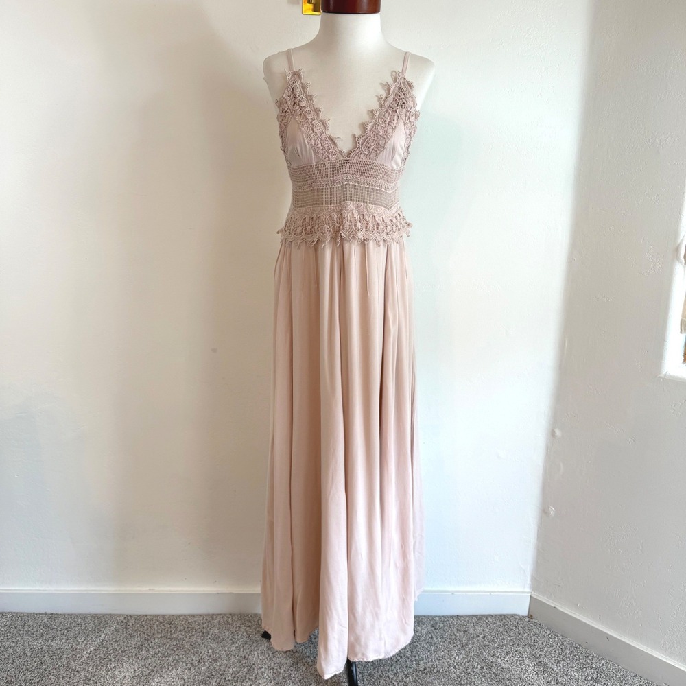 MILA Lace Trim Maxi Dress Blush Pink Boho Coquette Cottagecore‎ Romantic Fairy M